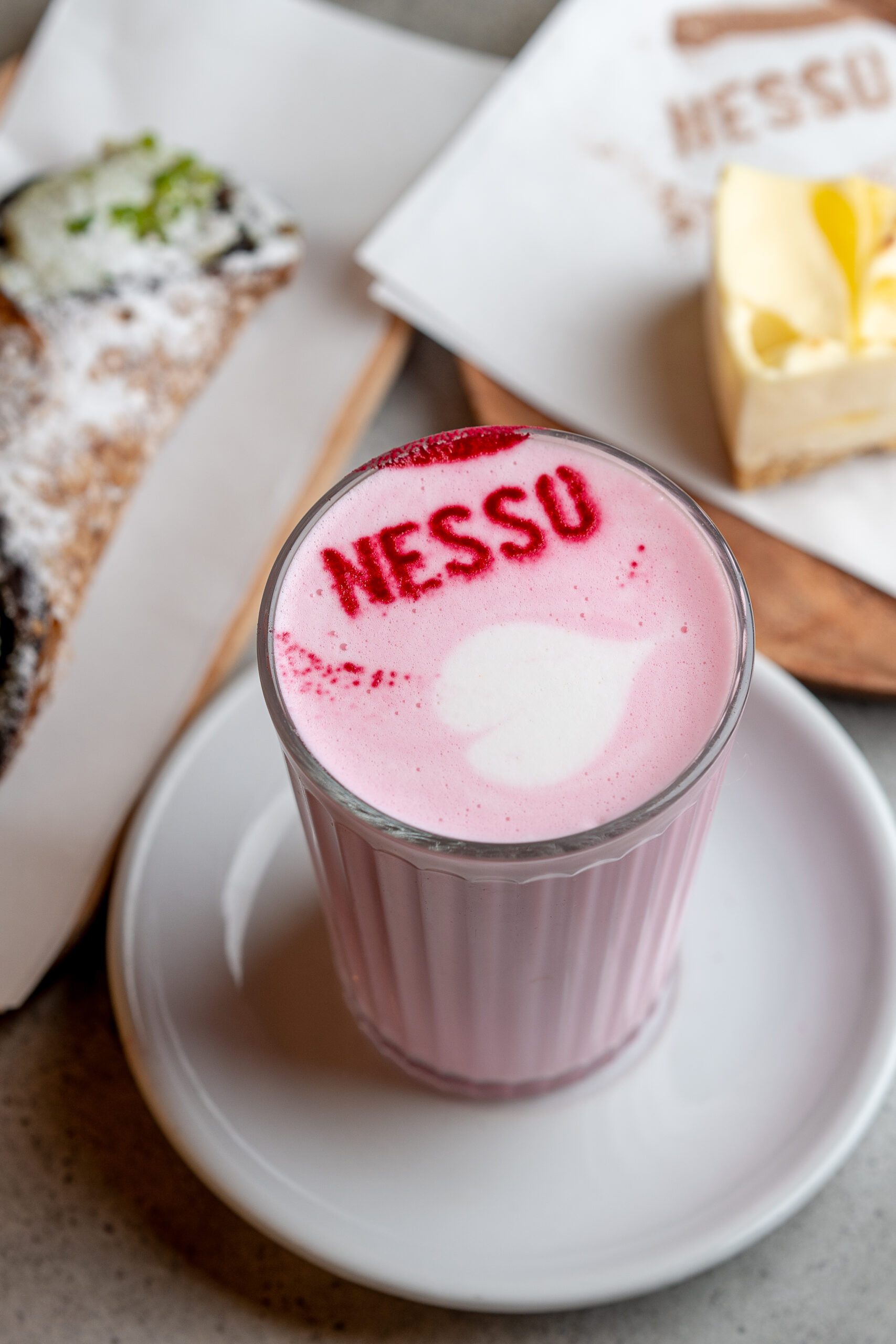 Beetroot latte at Nesso Coffee Leeds served hot with creamy steamed milk