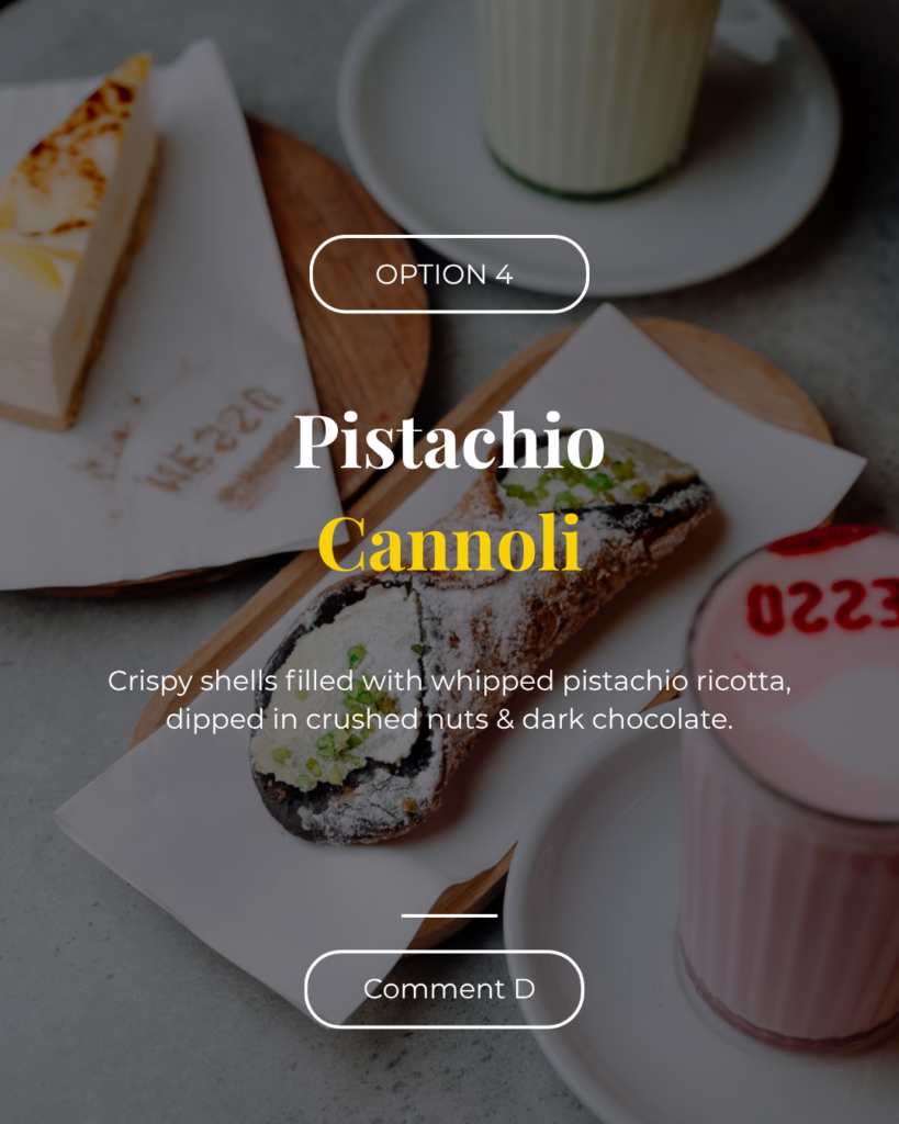 Pistachio cannoli Leeds Italian dessert cafe