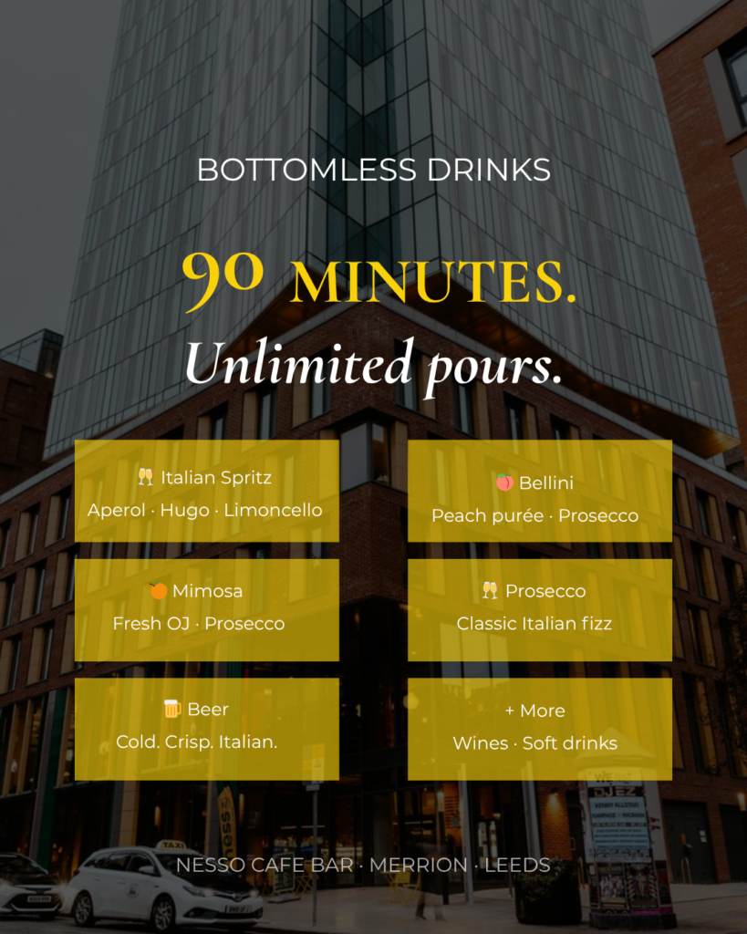 Bottomless brunch Leeds Nesso Cafe Bar cocktails and prosecco