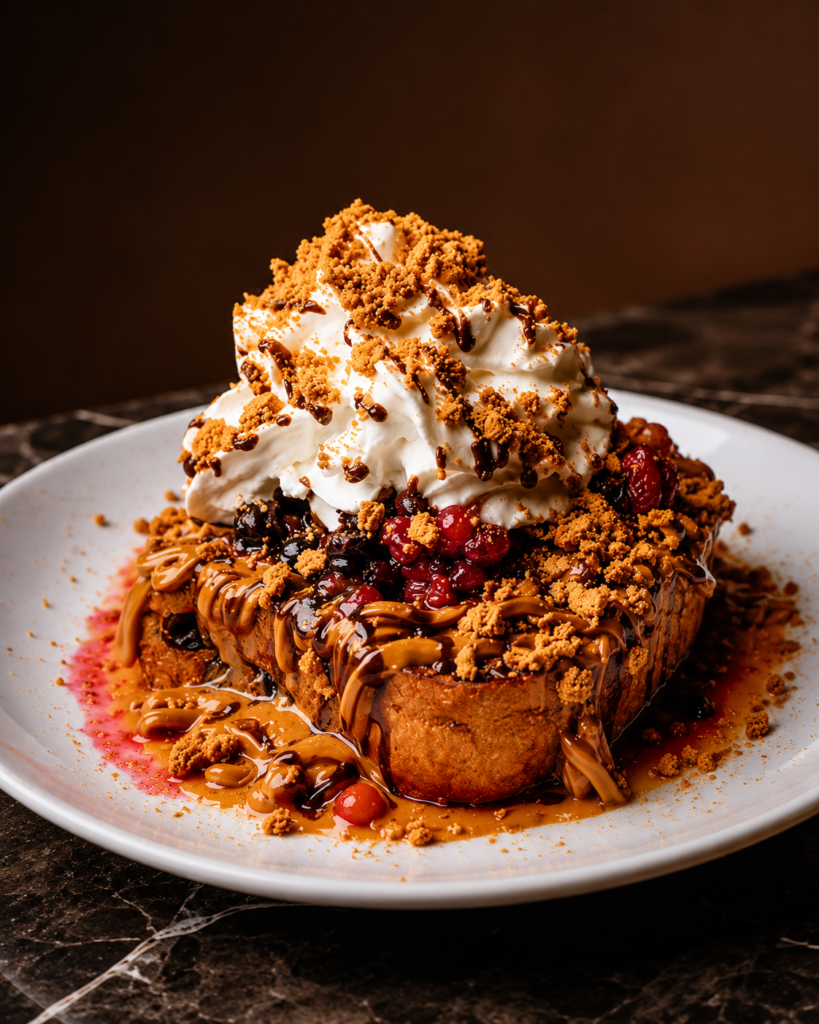 BIOSCOFF Panetonne French Toast at Nesso Coffee Leeds with maple syrup, berry compote, whipped cream and Biscoff crumb