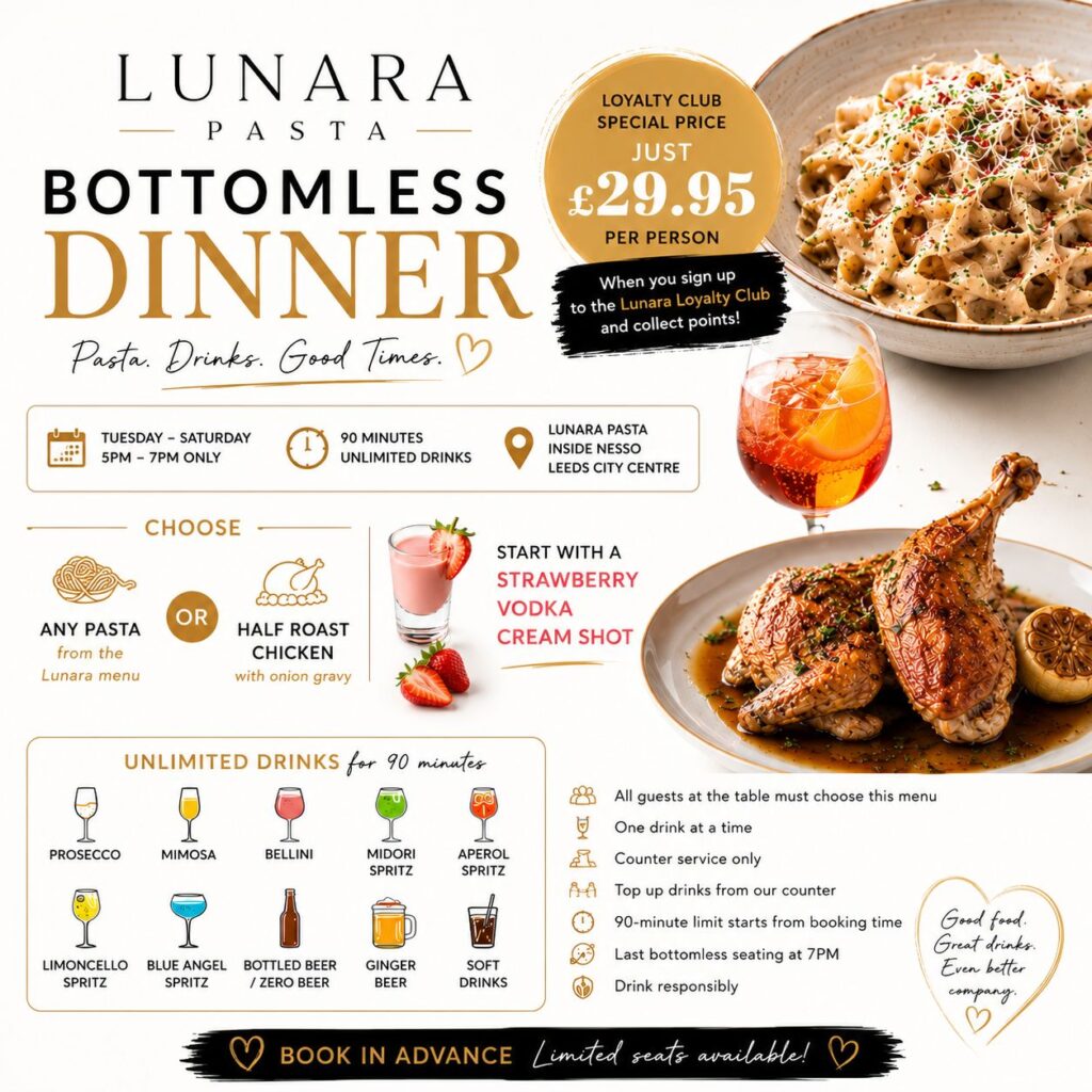 Bottomless dinner in Leeds at Lunara Pasta with Aperol Spritz, speciality pasta and unlimited drinks