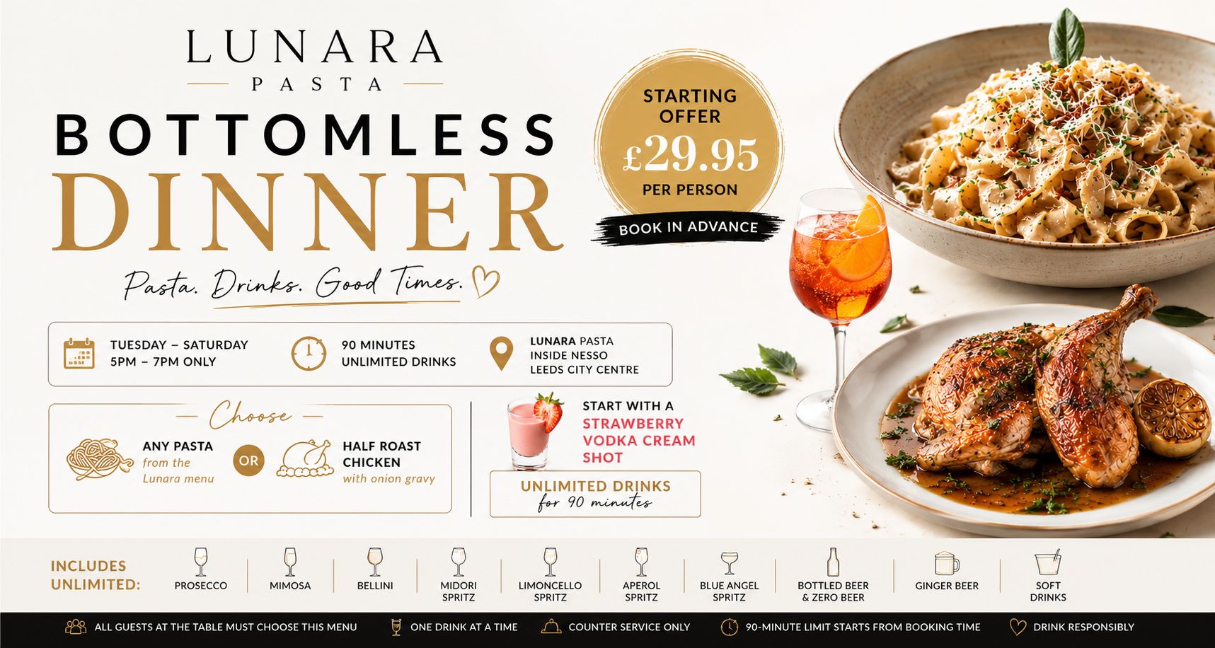 Bottomless dinner in Leeds at Lunara Pasta with Aperol Spritz, speciality pasta and unlimited drinks