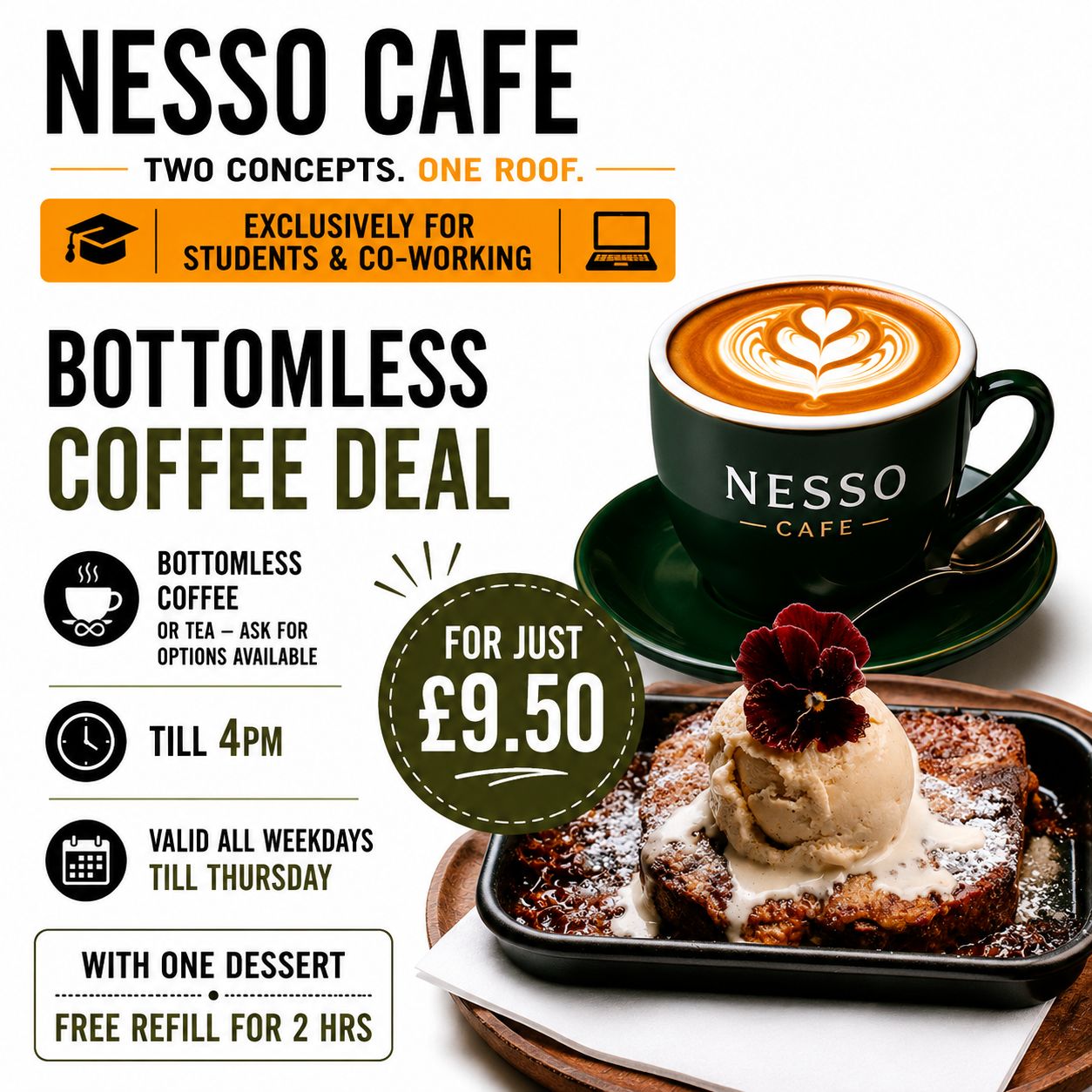Bottomless coffee and dessert deal at Nesso Leeds city centre café